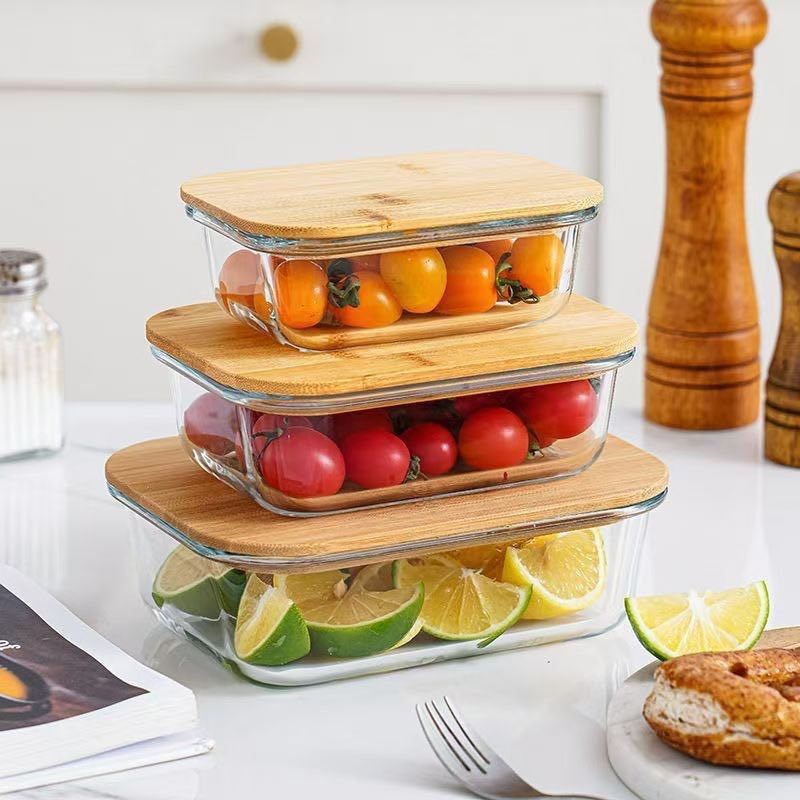 3pcs  Bamboo Lid Sealed Storage Container